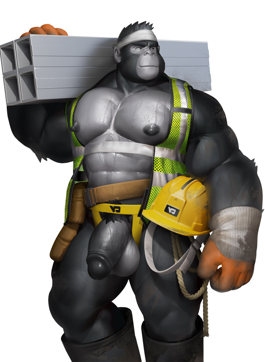 accessory anthro ape areola armor balls black_body black_boots black_clothing black_footwear black_fur black_glans bodily_fluids boots clothed clothing construction_worker footwear fur genitals glans gorilla grey_balls grey_body haplorhine hard_hat headband headgear helmet hi_res holding_object humanoid_genitalia humanoid_penis male mammal muscular muscular_anthro muscular_male nipples pecs penis primate pubes rope simple_background solo sweat takahirosi tool_belt topwear vest white_background