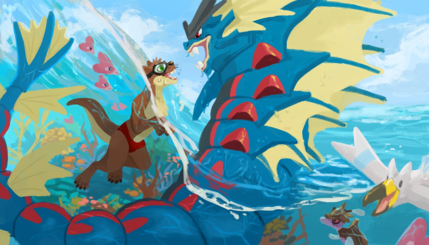 anthro black_nose brown_body bryce_daeless clothing countershading crocodilecrayons eyewear goggles green_eyes gyarados lutrine luvdisc male mammal mustelid nintendo open_mouth paws pok&eacute;mon pok&eacute;mon_(species) seascape size_difference swimming swimwear tan_body video_games water wingull