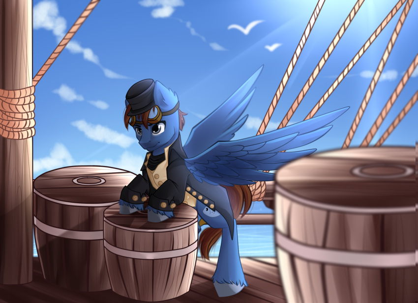 airiniblock barrels blue_body blue_eyes boat brown_hair clothing cutie_mark equid equine eyewear eyewear_on_head fan_character feathered_wings feathers goggles goggles_on_head hair hi_res hooves male mammal mane my_little_pony pegasus quadruped sailing sea seaward_skies solo spread_wings uniform vehicle water watercraft wings