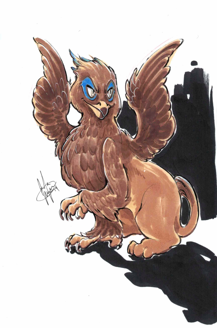 absurd_res avian beak bird_feet blue_markings brown_body cat_tail eye_markings feathered_crest feathered_wings feathers feral fleebites gryphon head_crest hi_res markings mythological_avian mythology paws quadruped saewin solo tan_body wings