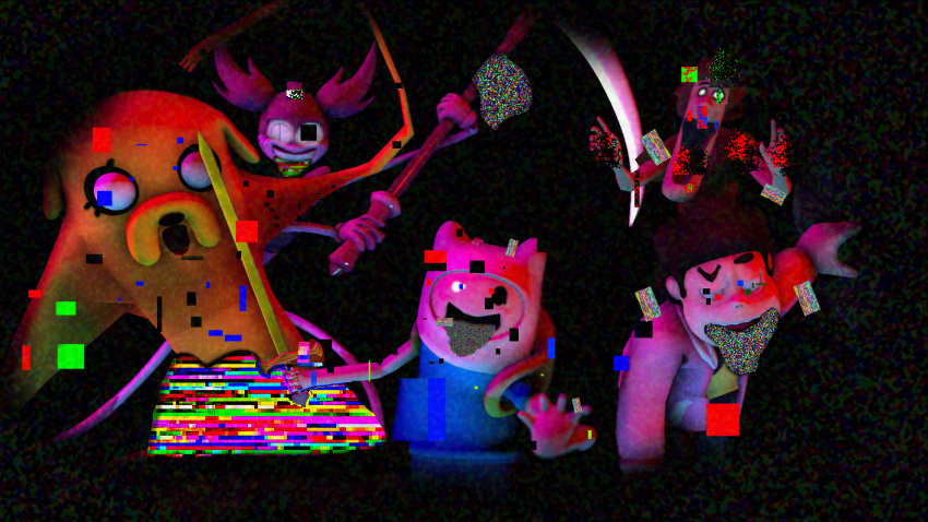 16:9 3d_(artwork) adult_swim adventure_time alien anthro black_background canid canine canis cartoon_network clothed clothing come_and_learn_with_pibby corruption digital_media_(artwork) female feral finn_the_human fur gem_(species) glitch group hair hanna-barbera hi_res human humanoid irondragon5150 jake_the_dog male mammal melee_weapon no_pupils not_furry_focus pigtails polearm purple_hair scooby-doo_(series) scythe shaggy_rogers simple_background source_filmmaker spinel_(steven_universe) steven_quartz_universe steven_universe sword teeth weapon widescreen