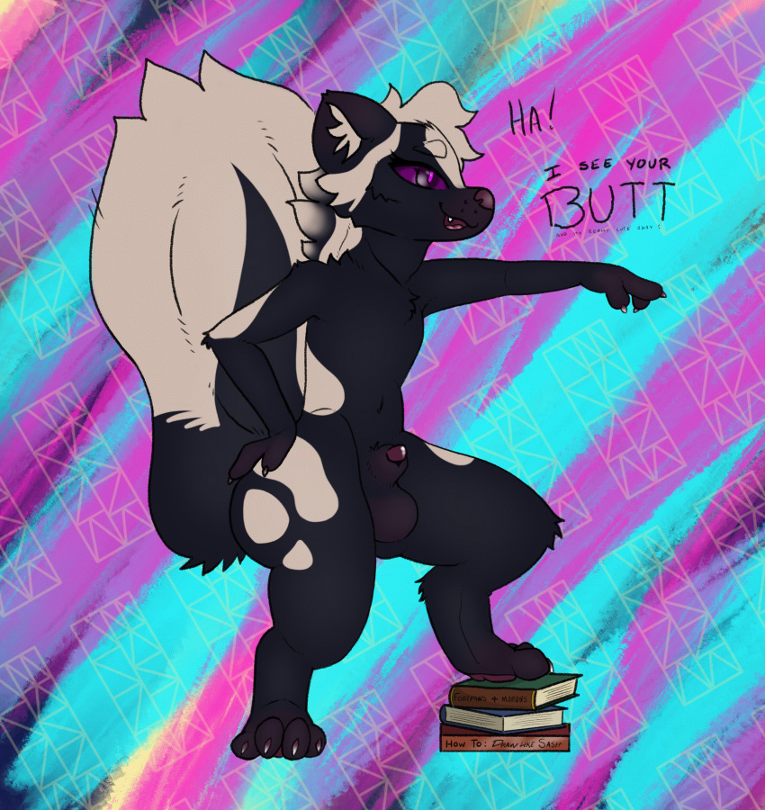 absurd_res animal_genitalia anthro balls book clawed_fingers clawed_toes claws english_text fluffy fluffy_tail genitals hi_res hindpaw male mammal mephitid mustelid pattern_background pawpads paws penis sheath simple_background skunk skunk_punk solo spotted_skunk text textured_background