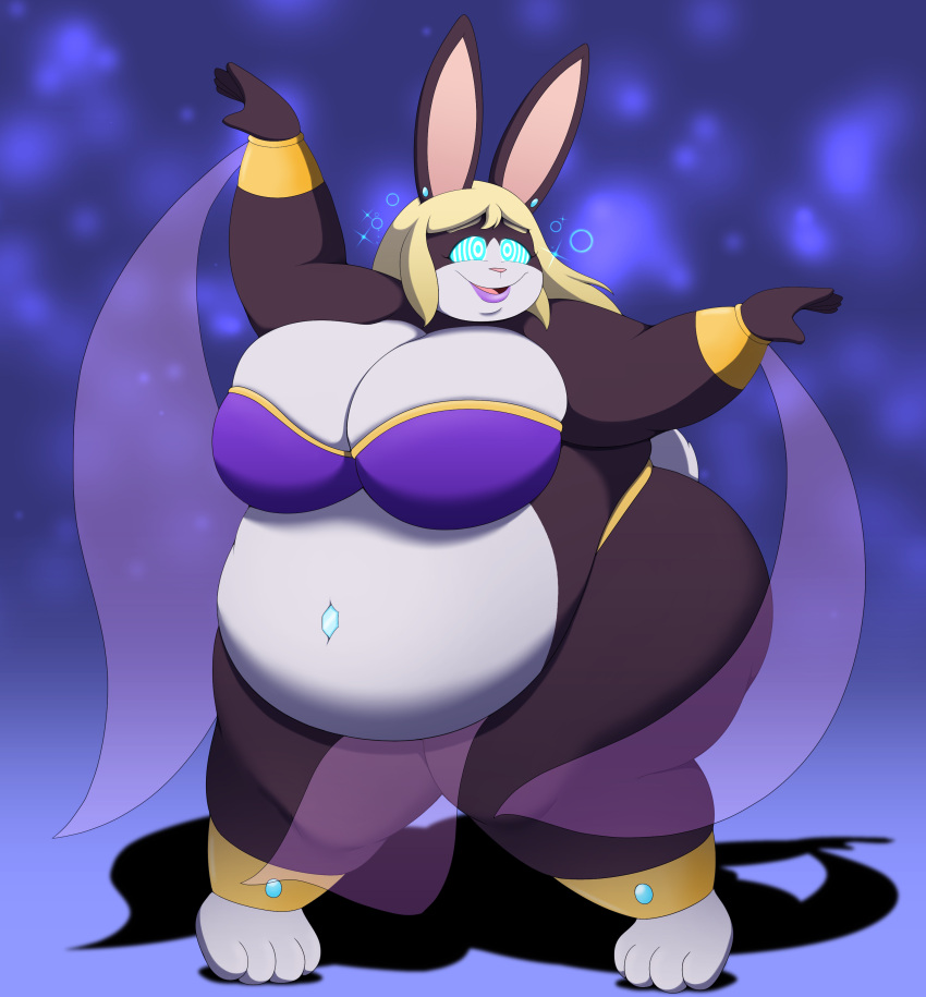 2020 4_fingers 4_toes absurd_res anthro belly big_belly big_breasts blonde_hair breasts countershade_torso countershading dancing dark_body dark_fur dr._chaos ear_piercing ear_ring eyebrows feet female fingers fur gem glowing glowing_eyes hair harem_outfit hi_res lagomorph leporid lipstick makeup mammal mind_control navel navel_piercing obese open_mouth overweight overweight_female piercing rabbit smile solo thick_eyebrows toes white_body white_countershading