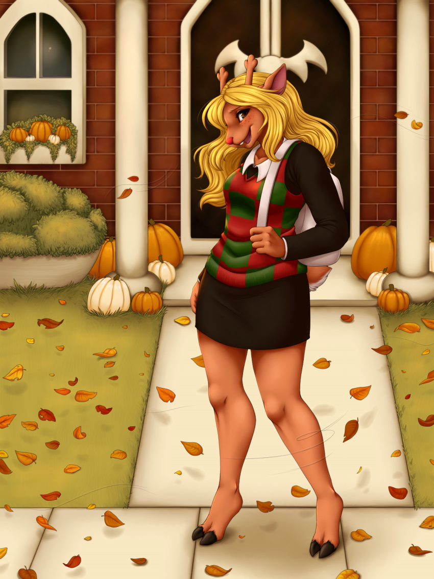 2021 2_toes 3:4 ajna anthro antlers autumn backpack barefoot blonde_hair buckteeth capreoline cervid clothed clothing cloven_hooves deltarune detailed_background digital_media_(artwork) feet female food freckles fruit grass hair hi_res hooves horn leaf long_hair looking_at_viewer mammal noelle_holiday open_mouth outside plant pumpkin red_nose reindeer solo standing teeth toes undertale_(series) video_games