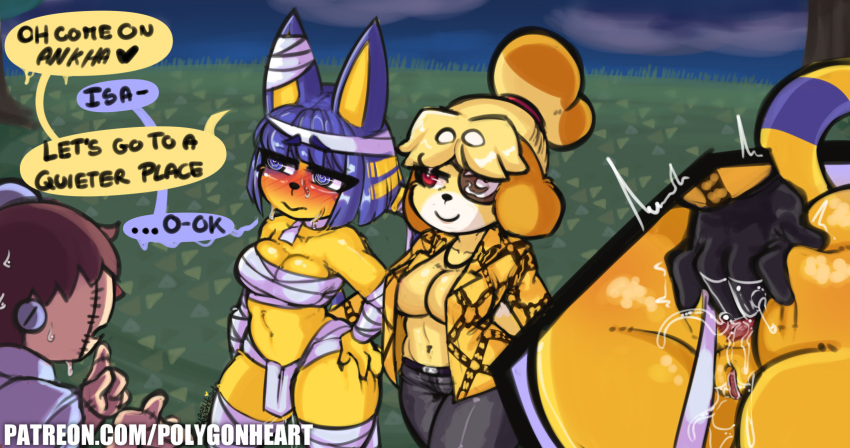 &lt;3 anal anal_fingering animal_crossing ankha_(animal_crossing) anthro anthro_on_anthro anus bodily_fluids breasts canid canine canis cleavage clothed clothing cosplay domestic_cat domestic_dog duo_focus english_text felid feline felis female female/female fingering fingering_partner genital_fluids genitals goro_majima group hi_res isabelle_(animal_crossing) mammal nintendo polygonheart pussy pussy_juice text trio url video_games yakuza_(series)