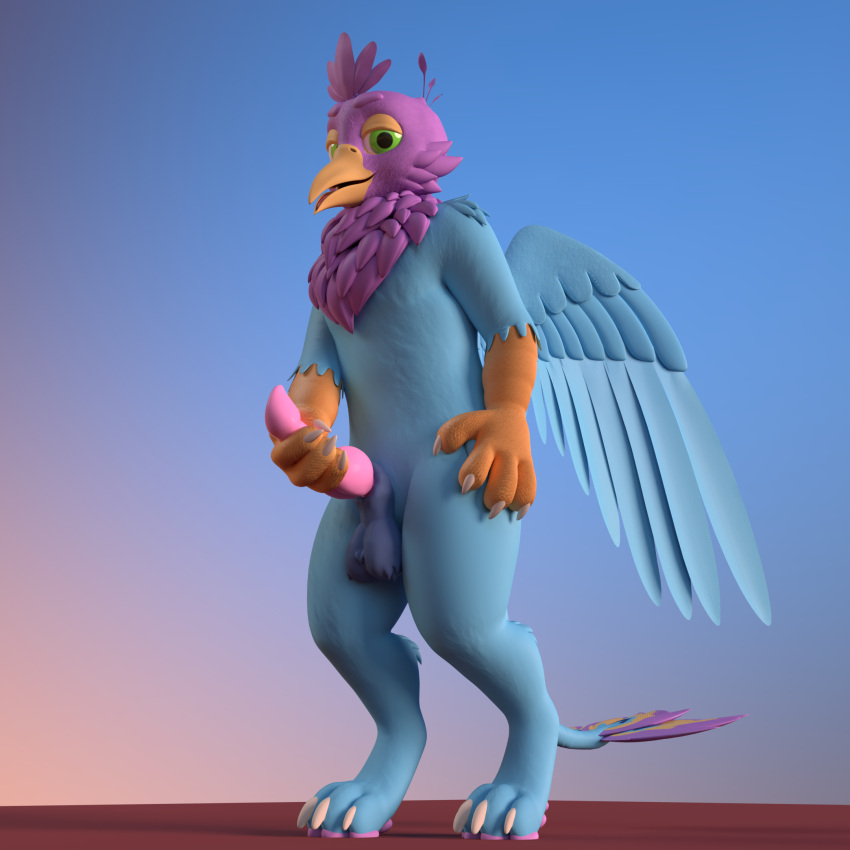 1:1 3d_(artwork) anthro avian balls beak bird bird_feet blue_body digital_media_(artwork) feathered_crest feathered_wings feathers galliform genitals green_eyes grin gryphon gyro_feather gyrotech hand_on_penis head_crest hi_res knot male mythological_avian mythology paws peafowl penis percy_technic phasianid pink_body quadruped smile tail_tuft tuft wings yellowstumps