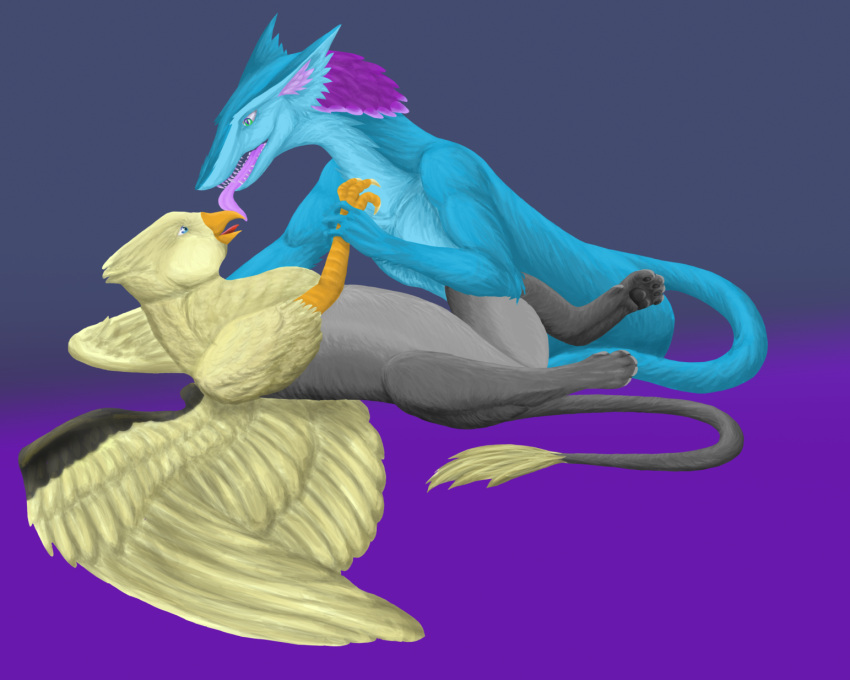 alternate_species avian beak blue_body der duo feathered_wings feathers green_eyes gryphon gyro_tech hi_res juliawraith licking male mythological_avian mythology pawpads paws pink_body sergal tail_tuft tongue tongue_out tuft wings