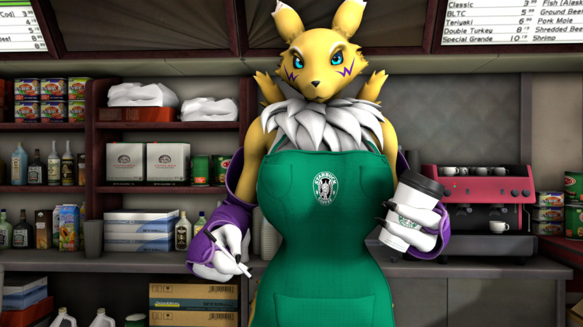 16:9 2021 3d_(artwork) anthro apron armwear bandai_namco big_breasts black_sclera blue_eyes bottle box breasts bridal_gauntlets cafeteria canid canine claws clothing coffee_cup coffee_machine coffee_shop container cup digimon digimon_(species) digital_media_(artwork) female food fox fur fur_markings furniture glass looking_at_viewer luciamaribela mammal markings multicolored_body multicolored_fur pencil_(object) renamon shelf signature solo starbucks text tin_can white_body white_fur widescreen yellow_body yellow_fur