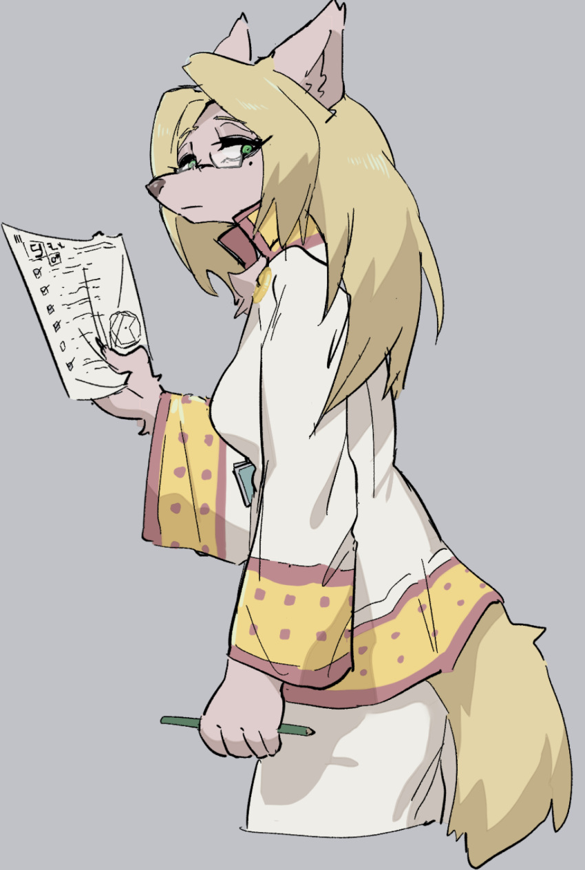 anthro blonde_hair border_collie canid canine canis collie cyberconnect2 domestic_dog eyewear female glasses green_eyes hair herding_dog hi_res holding_object kemono little_tail_bronx looking_at_viewer mammal merveille_million pastoral_dog pencil_(disambiguation) sheepdog side_view solatorobo solo sususuigi video_games