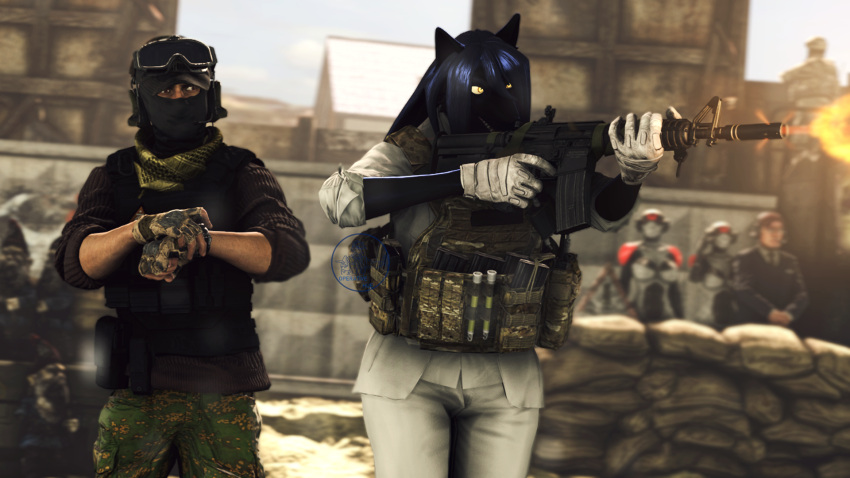 16:9 3d_(artwork) anthro assault_rifle blue_hair bulletproof_vest canid canine canis clothing dark_blue_fur digital_media_(artwork) duo fan_character female group gun hair hi_res human humanoid lexas_(ludexus) ludexus male mammal operator_hue ranged_weapon rifle shooting_gun shooting_range source_filmmaker suit tactical_gloves training training_room weapon white_suit widescreen wolf