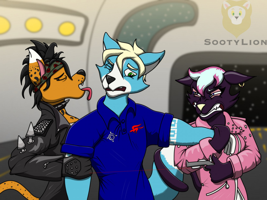 4:3 anthro bandanna black_clothing black_hair black_jacket black_leather black_nose black_spots black_topwear blonde_hair blue_body blue_clothing blue_eyes blue_fur blue_shirt blue_topwear canid canine clenched_teeth clothing collar domestic_cat ear_piercing ear_ring eyes_closed fan_character felid feline felis female flower fox fur grabbing_arm grabbing_arms green_eyes group growling hair highlights_(coloring) hybrid jacket kerchief laser_gun leather leather_clothing leather_jacket leather_topwear licking love_triangle lynx male mammal marcus_mccloud markings multicolored_body multicolored_fur multicolored_hair narrowed_eyes nintendo one_eye_closed open_mouth pantherine piercing pink_clothing pink_eyelids pink_hair pink_jacket pink_topwear plant purple_body purple_fur ranged_weapon rose_(flower) shirt sootylion spacecraft spaceship_interior spiked_collar spikes spots star_fox tattoo teeth teeth_bared teeth_showing tongue tongue_out topwear tribal tribal_markings tribal_tattoo tug_of_war two_tone_body two_tone_fur two_tone_hair uniform vehicle video_games weapon white_hair white_nose yellow_body yellow_fur