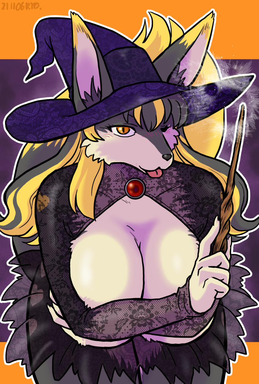 anthro big_breasts breasts canid canine clothed clothing female fox fur halloween halloween_costume hat headgear headwear hi_res holidays kemono looking_at_viewer mammal ryou solo
