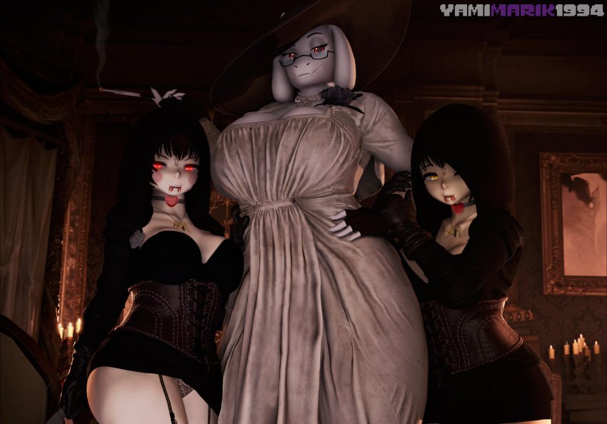 2021 3d_(artwork) alcina_dimitrescu anthro artist_name bedroom_eyes big_breasts blood bodily_fluids boss_monster bovid breasts brown_hair capcom caprine chara_(undertale) cigarette cleavage clothed clothing collar crossgender curvy_figure detailed_background digital_media_(artwork) dimitrescu_sisters dress eyelashes eyewear female fingerless_gloves fingers fur glasses gloves glowing glowing_eyes goat group hair hand_on_hip handwear hat headgear headwear hi_res hood huge_breasts humanoid inside jewelry legwear looking_at_viewer mammal mature_anthro mature_female mtf_crossgender narrowed_eyes necklace panties protagonist_(undertale) red_eyes resident_evil seductive short_hair smile source_filmmaker standing stockings tall tan_body tan_skin thick_thighs toriel undertale undertale_(series) underwear vampire video_games voluptuous white_body white_fur wide_hips yamimarik1994 yellow_eyes