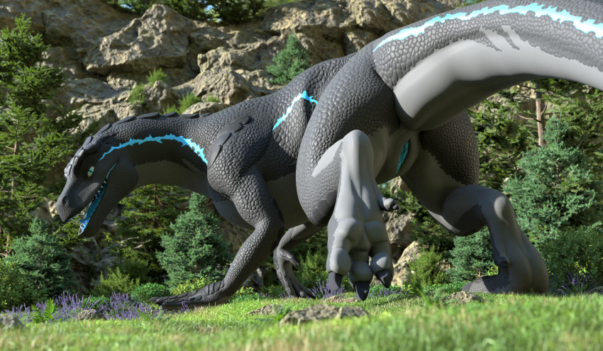 3d_(artwork) allosaurid allosaurus barlu black_body black_claws blue_eyes blue_markings blue_mouth blue_tongue claws countershading depth_of_field digital_media_(artwork) dinosaur female feral forest genitals grass grey_body grey_countershading hi_res looking_at_viewer markings nature outside plant presenting presenting_pussy pupils pussy raised_tail reptile scalie slit_pupils solo theropod tongue tree ziina