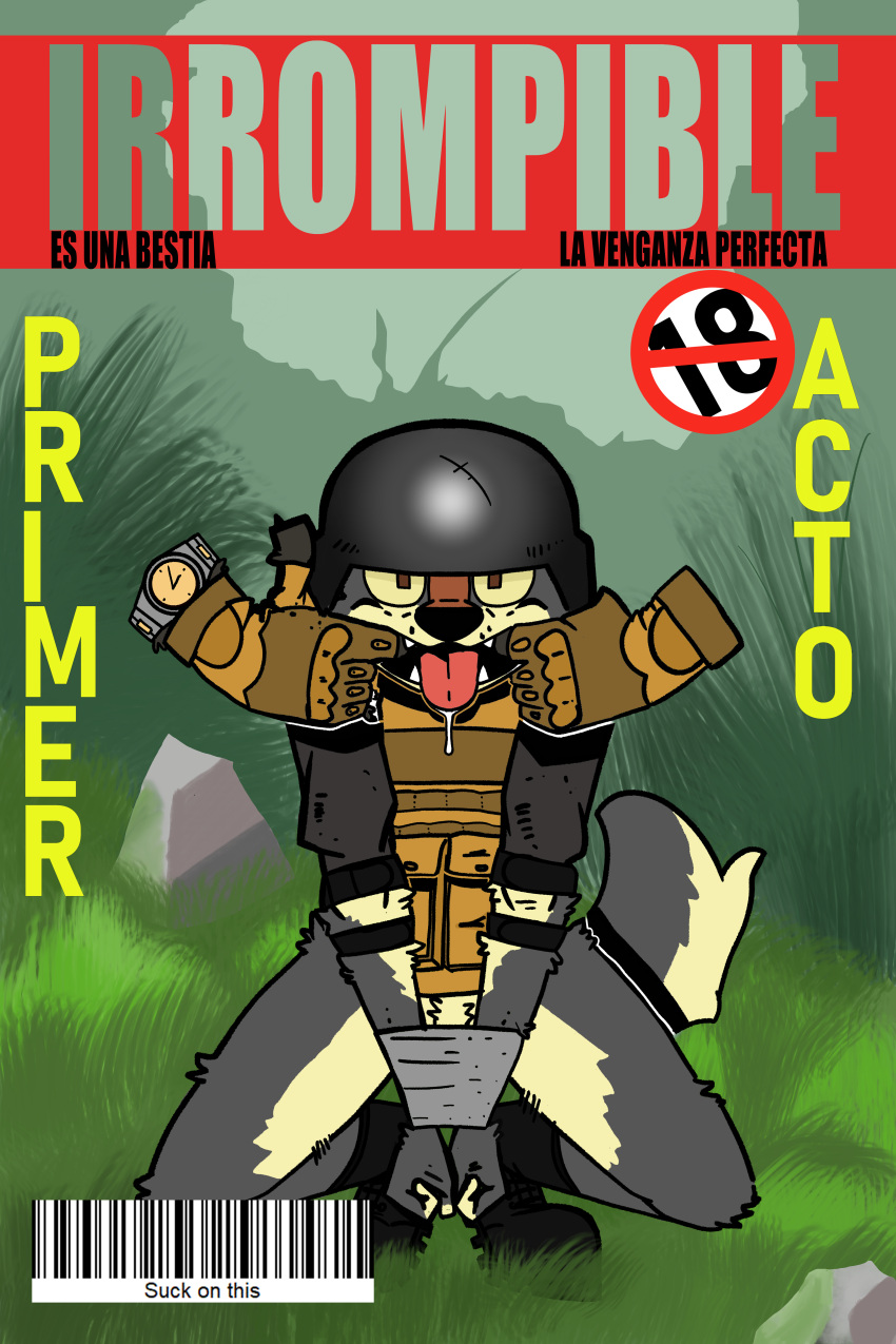 2:3 absurd_res anthro armor arms_tied barcode bdsm bondage boots border border_collie bound bulletproof_vest canid canine canis clock clothing collie cover cover_art cover_page domestic_dog elbow_pads english_text finger_in_mouth fingers fish_hooking footwear gloves green_border grey_body group hand_in_mouth handwear headgear helmet herding_dog hi_res imminent_sex lil_doggy_(artist) male male/male mammal military_clothing military_helmet open_mouth outside partial_nudity pastoral_dog plant rock sheepdog showing_teeth spanish_text spread_mouth submissive tactical tactical_gloves teeth teeth_showing text tongue tongue_out translated tree watch