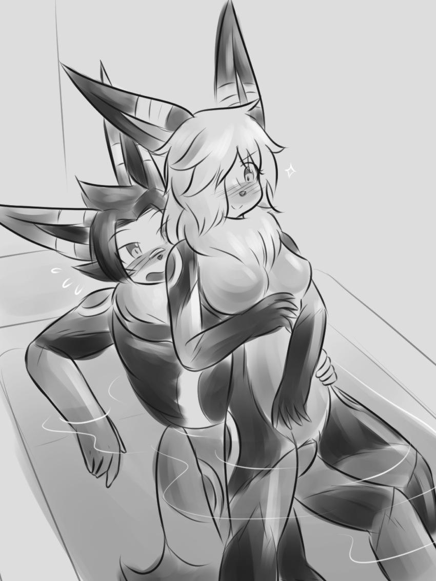 3:4 anthro bathtub bodily_fluids breasts brother brother_and_sister cyan_fumei duo eeveelution featureless_breasts female flareon genitals greyscale hair hi_res hybrid incest_(lore) male male/female markings monochrome neck_tuft nintendo one_eye_obstructed penetration penis pok&eacute;mon pok&eacute;mon_(species) pussy red_fumei ring_(marking) sibling sister smile sweat sweatdrop tetsushi tuft umbreon vaginal vaginal_penetration video_games water