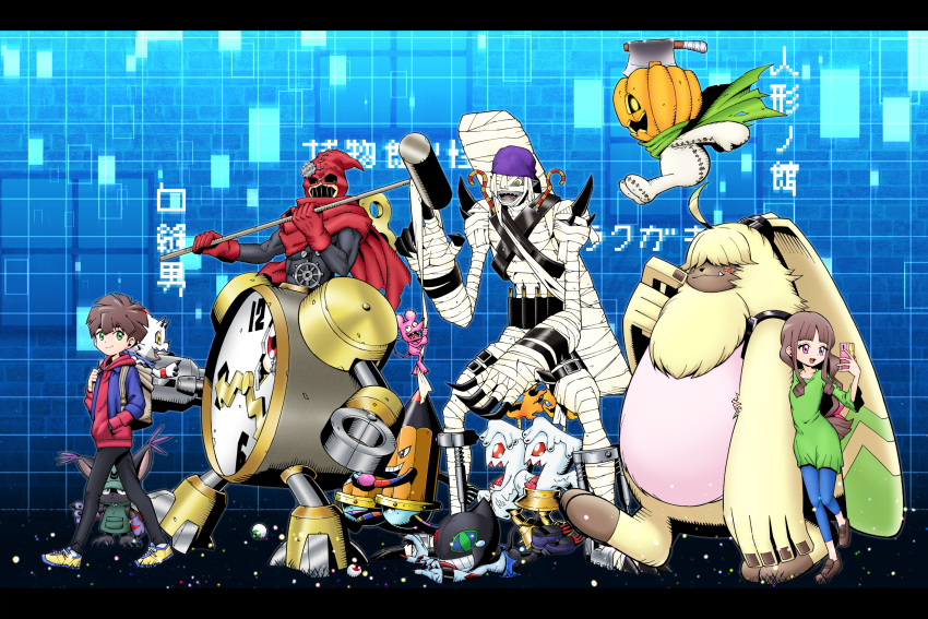 3:2 angoramon anthro bandai_namco bandanna bbb_(pixiv) black_bars black_claws brown_hair cellphone ceratopsian chuumon claws clockmon clothing digimon digimon_(species) digimon_ghost_game dinosaur dracmon eyeball female fur gammamon group hair hair_over_eyes hammer hi_res hiro_amanokawa hoodie horn human humanoid kerchief letterbox male mammal monster mouse mummy mummymon murid murine ornithischian phone reptile rodent ruri_tsukiyono scalie scarf smartphone tools topwear triceratops undead walking white_body yellow_body yellow_eyes yellow_fur