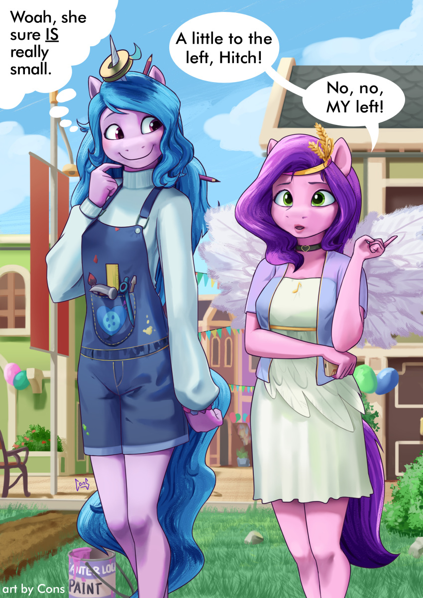 &lt;3 absurd_res anthro anthrofied blue_hair bracelet cellphone choker clothed clothing compass consigspartan dialogue duo english_text equid equine fluffy_wings green_eyes hair hammer hasbro headpiece hi_res horn izzy_moonbow_(mlp) jewelry long_hair mammal measuring_stick mlp_g5 my_little_pony necklace overalls paint paint_bucket pegasus pencil_(object) pencil_in_hair phone pipp_petals_(mlp) purple_hair pwnagespartan screwdriver smartphone sweater tape text tools topwear turtleneck unicorn wings