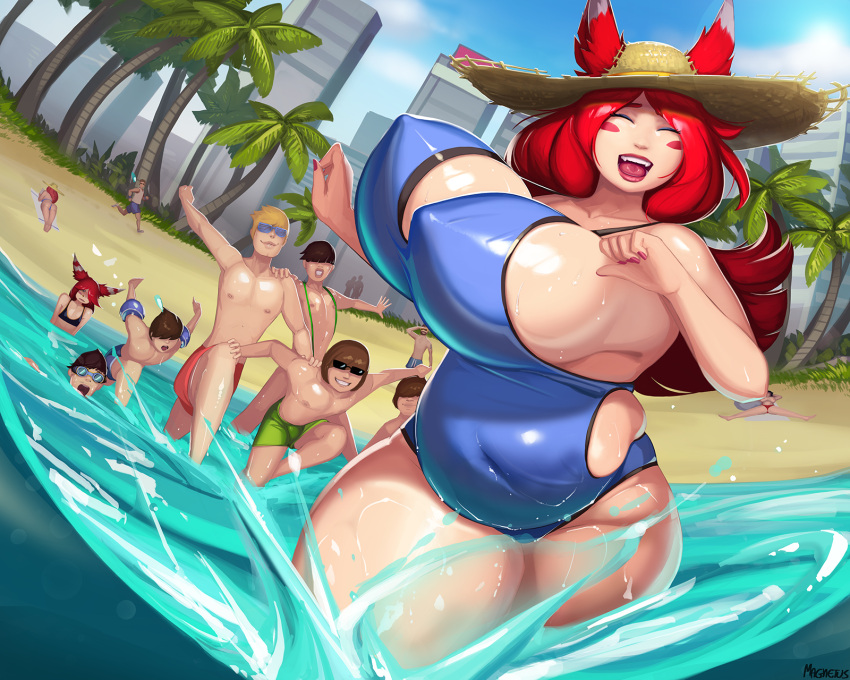 5:4 animal_humanoid avian avian_humanoid beach big_breasts bird_humanoid bouncing_breasts breasts butt female hi_res huge_breasts human humanoid league_of_legends magnetus male mammal partially_submerged riot_games seaside slightly_chubby solo_focus thick_thighs video_games wide_hips xayah's_mom_(magnetus) xayah_(lol)