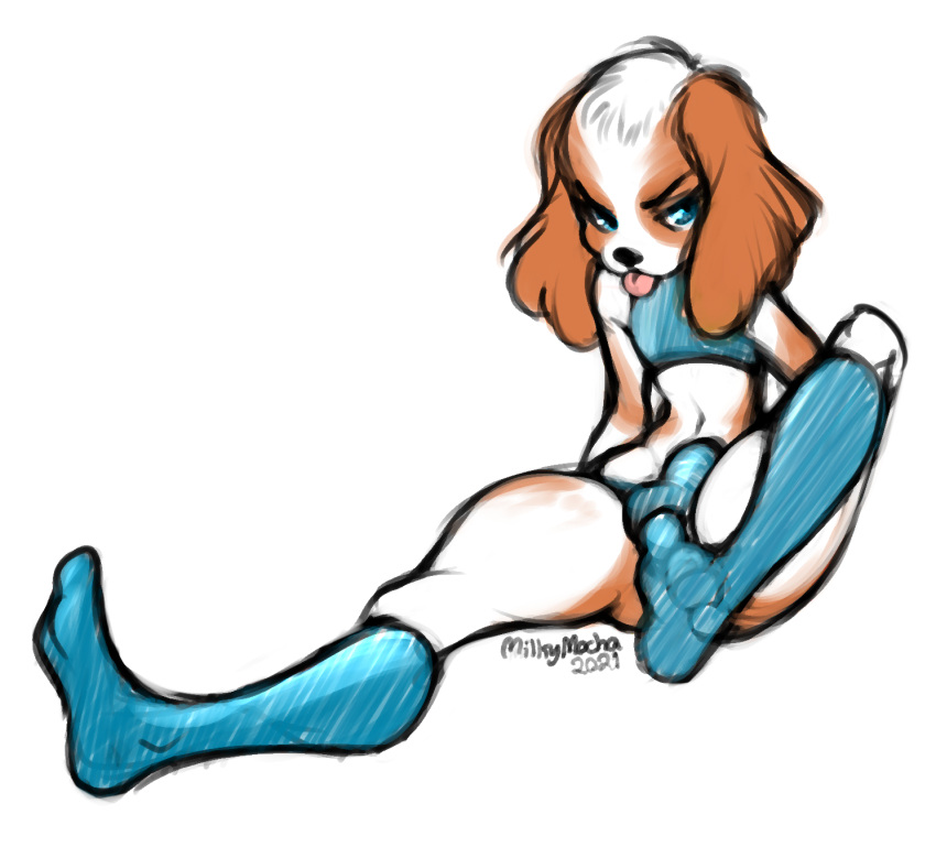 anthro big_ears canid canine canis cavalier clothing domestic_dog ears_down girly hi_res legwear male mammal milkymittens pivoted_ears sketch solo stockings tongue tongue_out