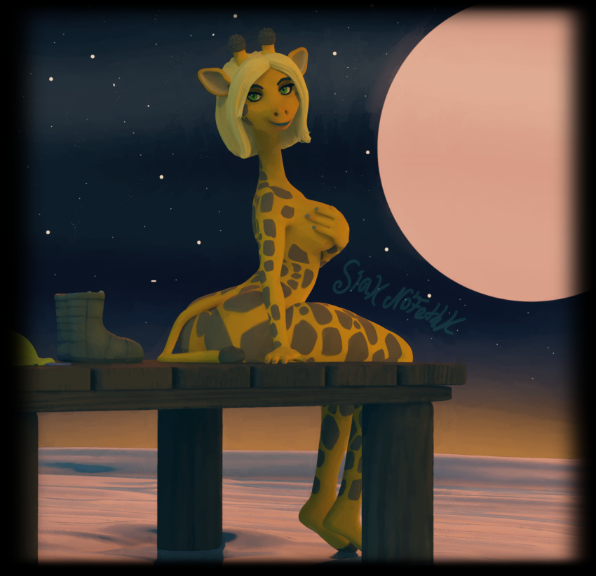 3d_(artwork) anthro big_butt blonde_hair boots butt clothing covering covering_breasts digital_media_(artwork) dock female footwear giraffe giraffid hair hi_res lake long_neck looking_at_viewer mammal moon night nivie_mielentuli nude outside siakstuff solo yellow_body