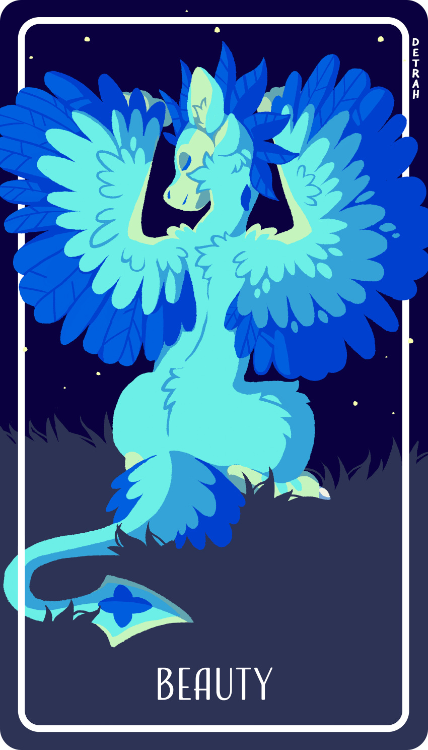 4:7 4_ears absurd_res anthro avali avali_(original) blue_body blue_feathers card countershading ddetrah dewclaw digitigrade eyes_closed feathered_crest feathered_wings feathers female green_body head_crest hi_res luvashi multi_ear night solo tarot_card winged_arms wings