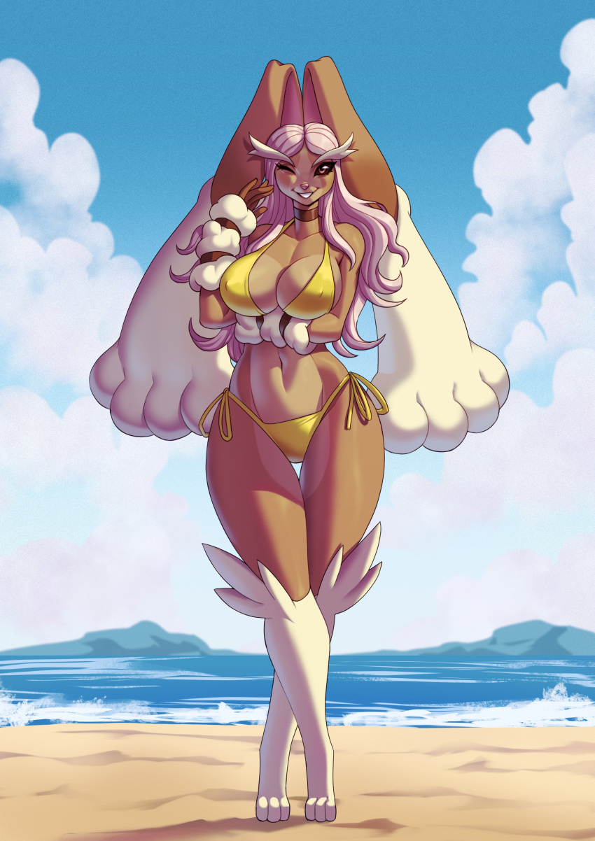 2021 absurd_res alanscampos anthro arm_under_breasts beach big_breasts bikini black_sclera breasts brown_body brown_eyes brown_fur choker clothing cloud eyelashes female fur hi_res jewelry looking_at_viewer lopunny navel necklace nintendo nipple_outline one_eye_closed outside pok&eacute;mon pok&eacute;mon_(species) sand seaside side-tie_bikini smile smiling_at_viewer solo swimwear thigh_gap video_games yellow_bikini yellow_clothing yellow_swimwear