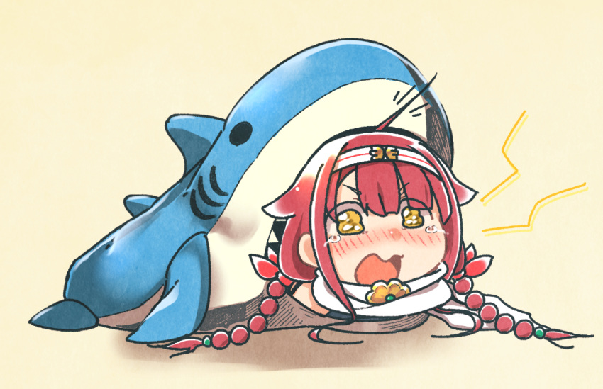 1girl ahoge bangs blush braid chibi commentary_request eyebrows_visible_through_hair hair_between_eyes hair_flaps hairband kantai_collection kawakaze_(kantai_collection) koppa_mijinko_(series2023) long_hair looking_at_viewer low_twintails open_mouth ribbon scarf shark shark_costume simple_background solo tearing_up tears twintails yellow_eyes