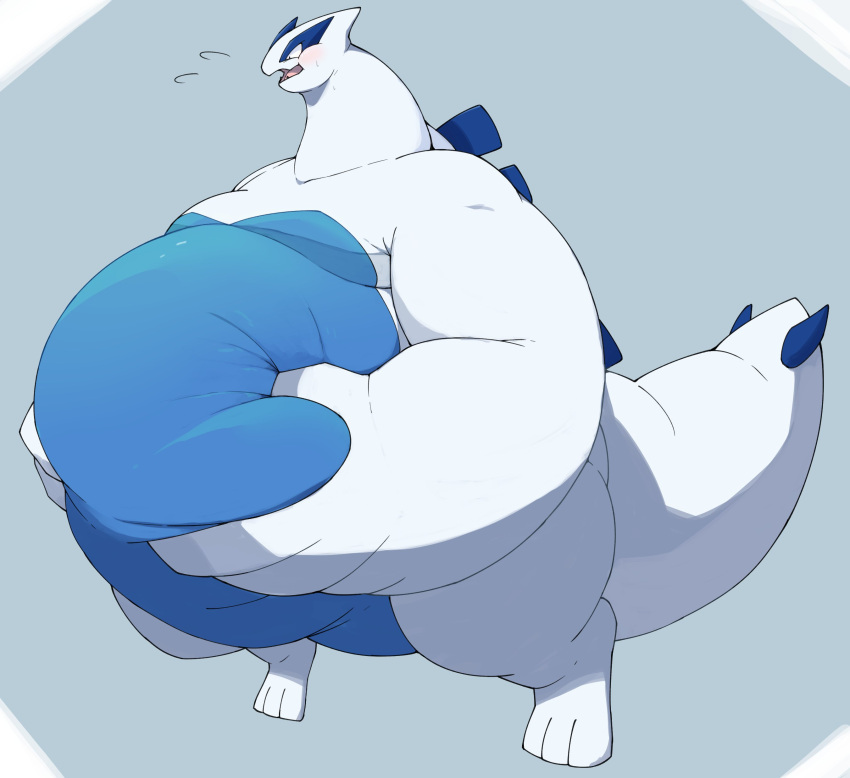 absurd_res anthro belly blue_belly blue_body feral hi_res holding_belly legendary_pok&eacute;mon lugia male morbidly_obese nintendo obese overweight pok&eacute;mon pok&eacute;mon_(species) simple_background solo video_games white_body zephy_03