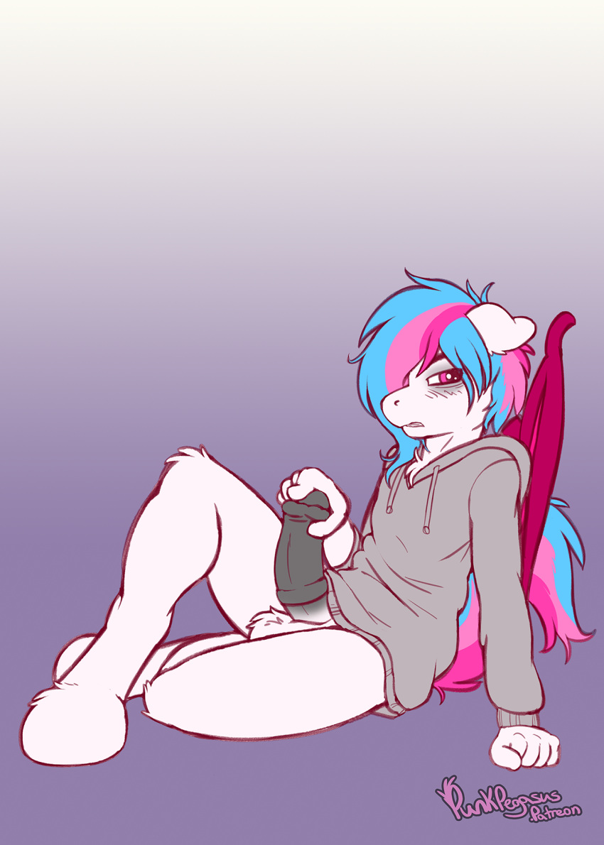 animal_genitalia animal_penis anthro balls bat_pony bottomless clothed clothing crossed_legs equid equine_penis erection folded_wings genitals gradient_background hand_on_penis hasbro hi_res looking_back male mammal my_little_pony penis punk-pegasus reclining simple_background sitting solo sweater topwear wings