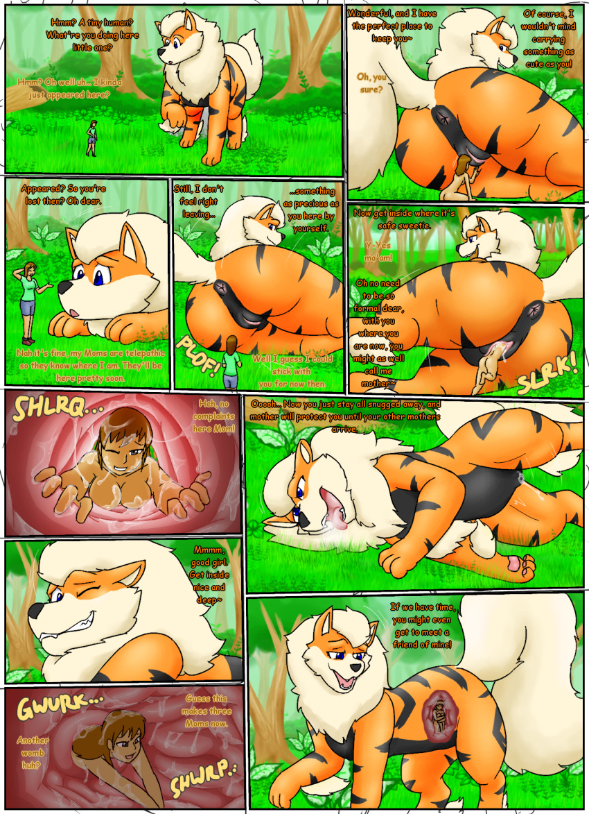 anus arcanine bodily_fluids comic english_text female female/female feral grass hi_res human human_prey livinlovindude mammal nintendo outside plant pok&eacute;mon pok&eacute;mon_(species) size_difference text unbirthing vaginal video_games vore