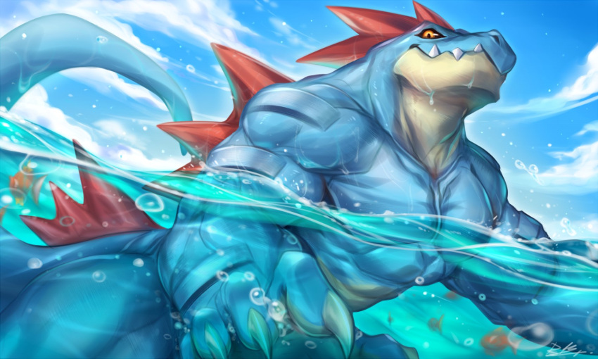 2021 5:3 abs anthro anthro_focus back_spikes biceps blue_body blue_scales bubble claws cloud cloudscape crocodilian day detailed_background digital_drawing_(artwork) digital_media_(artwork) fangs feral feraligatr fin finger_claws group hi_res light lighting looking_at_viewer magikarp male male_focus marine multicolored_body multicolored_scales muscular muscular_anthro muscular_male nintendo nude orange_eyes outside partially_submerged pecs pok&eacute;mon pok&eacute;mon_(species) quads rabbity reptile scales scalie sea shaded sharp_teeth signature sky solo_focus spikes spikes_(anatomy) swimming tan_body tan_scales teeth two_tone_body video_games water wet wet_body white_body yellow_eyes