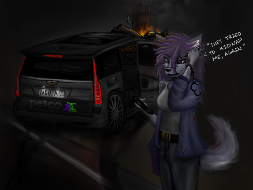 anthro blood bodily_fluids breasts cadillac canid canine canis car detailed_background english_text female fire freckles gun handcuffs holding_gun holding_object holding_phone holding_weapon kidnap mammal petco phone ranged_weapon restraints secret_agent shackles solo text vehicle weapon wolf woofa