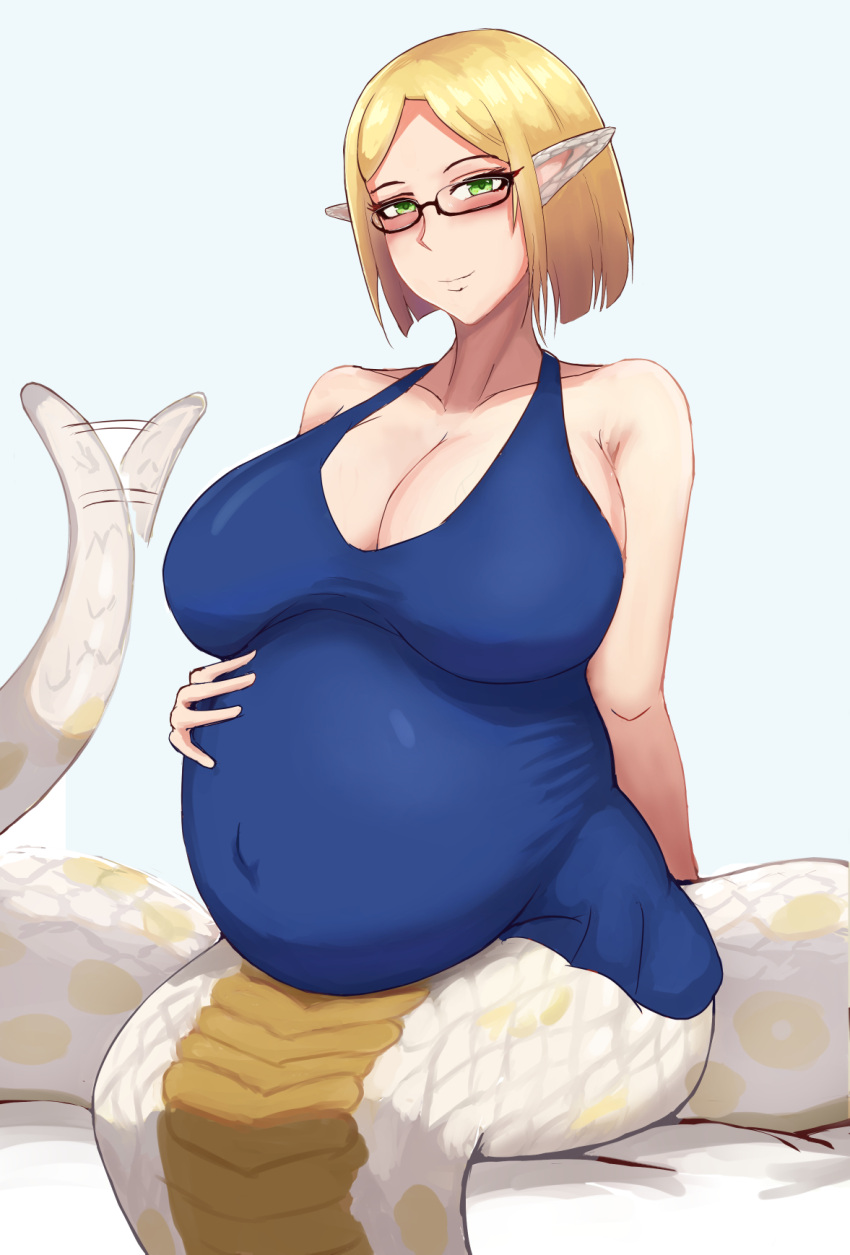 apode belly big_belly big_breasts blue_clothing blue_topwear botsu breasts clothing draconcopode eyewear female glasses green_eyes hi_res humanoid_pointy_ears lamia legless looking_at_viewer pregnant reptile scales scalie serpentine sitting snake solo split_form tail_motion tailwag topwear white_body white_scales