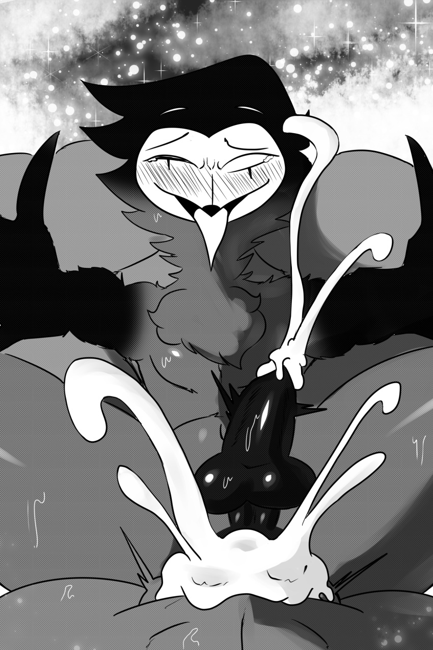 absurd_res ahegao avian bird blitzo_(helluva_boss) blush bodily_fluids comic cum cum_inside cumshot duo ejaculation excessive_cum first_person_view fluffy_chest genital_fluids greyscale helluva_boss hi_res imp leponsart looking_at_viewer looking_pleasured male male/male monochrome owl owl_demon sex simple_background star stolas_(helluva_boss) tongue tongue_out