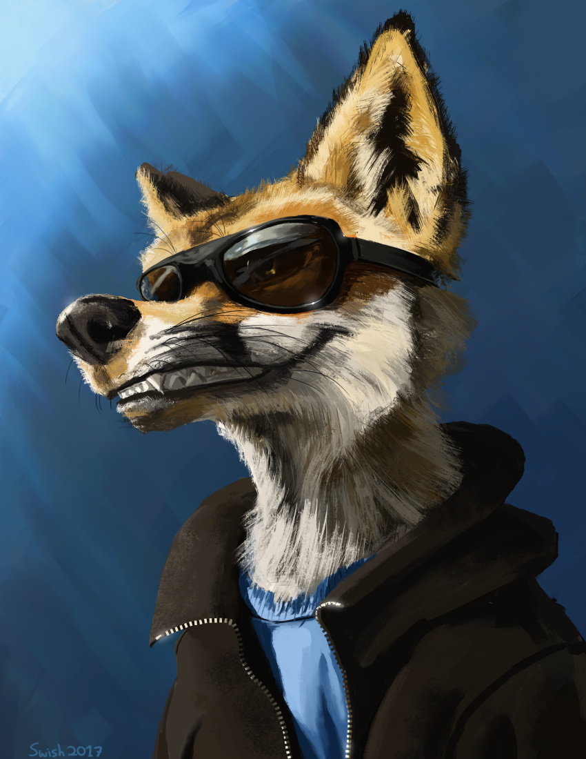 2017 absurd_res anthro black_nose canid canine clothed clothing digital_media_(artwork) eyewear fangs fox fur hi_res male mammal orange_body orange_fur showing_teeth smile solo sunglasses swish teeth whiskers white_body white_fur