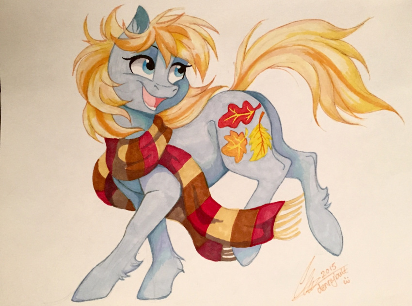 autumn_skye_(mlp) blonde_hair dvixie earth_pony equid equine female feral grey_body hair hasbro horse looking_aside mammal my_little_pony my_little_pony_(g3) pony scarf simple_background smile solo white_background