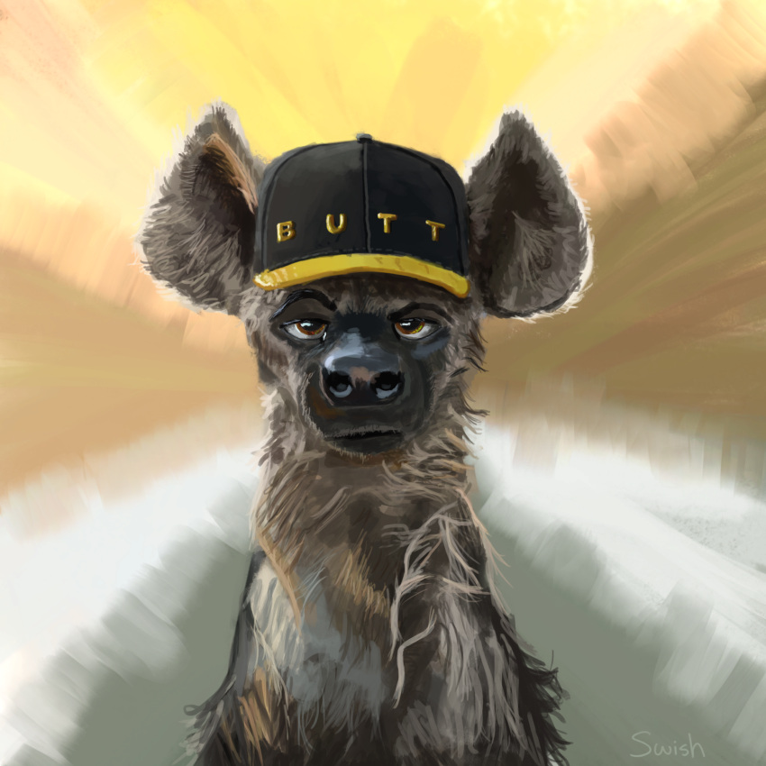 1:1 2016 ambiguous_gender butt clothing digital_media_(artwork) english_text feral front_view fur grey_body grey_fur grump hat headgear headwear hi_res humor hyaenid looking_at_viewer mammal noistrukk signature solo spots spotted_hyena swish text text_on_clothing text_on_hat text_on_headwear yellow_eyes