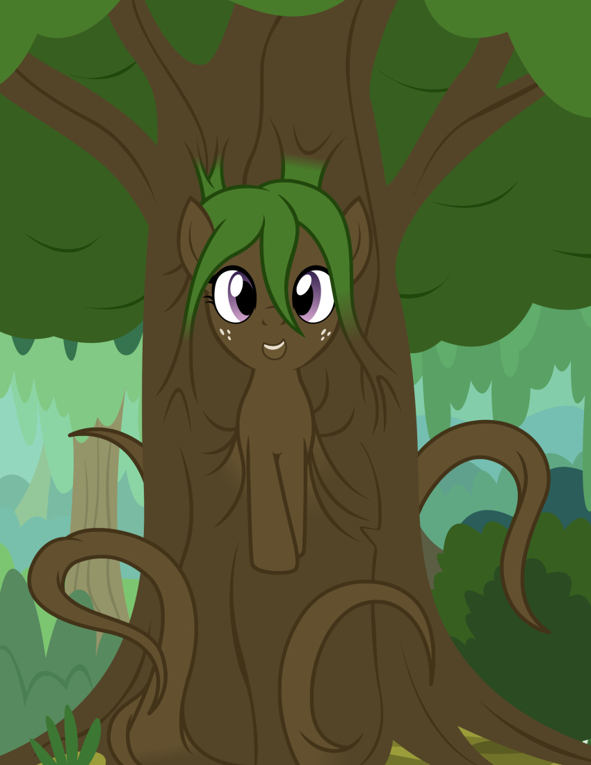 2021 absurd_res badumsquish brown_eyes dryad elemental_creature equid equine female flora_fauna forest freckles green_hair hair hasbro hi_res horse mammal my_little_pony outside plant pony solo treant tree