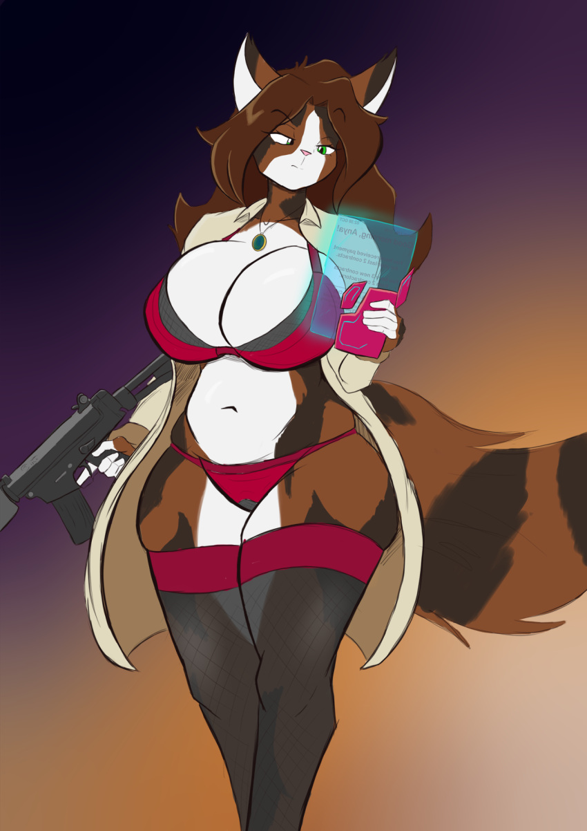 anthro anya_(speedonerd) big_breasts bra breasts clothing coat domestic_cat english_text felid feline felis female fn_fnc gun hi_res jayshark jewelry legwear lingerie mammal necklace panties ranged_weapon rifle slightly_chubby solo squish tablet text thick_thighs thigh_highs thigh_squish topwear translucent translucent_clothing trenchcoat underwear weapon wide_hips