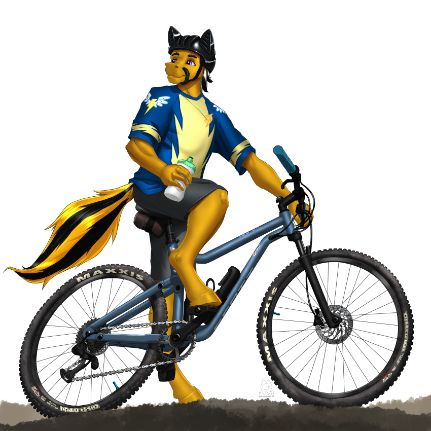 1:1 2021 absurd_res anthro bicycle bicycle_helmet bottomwear clothing equid equine eyebrows fan_character fur furgonomics hair hasbro hi_res hooves horse male mammal multicolored_hair my_little_pony mykegreywolf pony purple_eyes shirt short_hair shorts solo topwear two_tone_hair water_bottle yellow_body yellow_fur