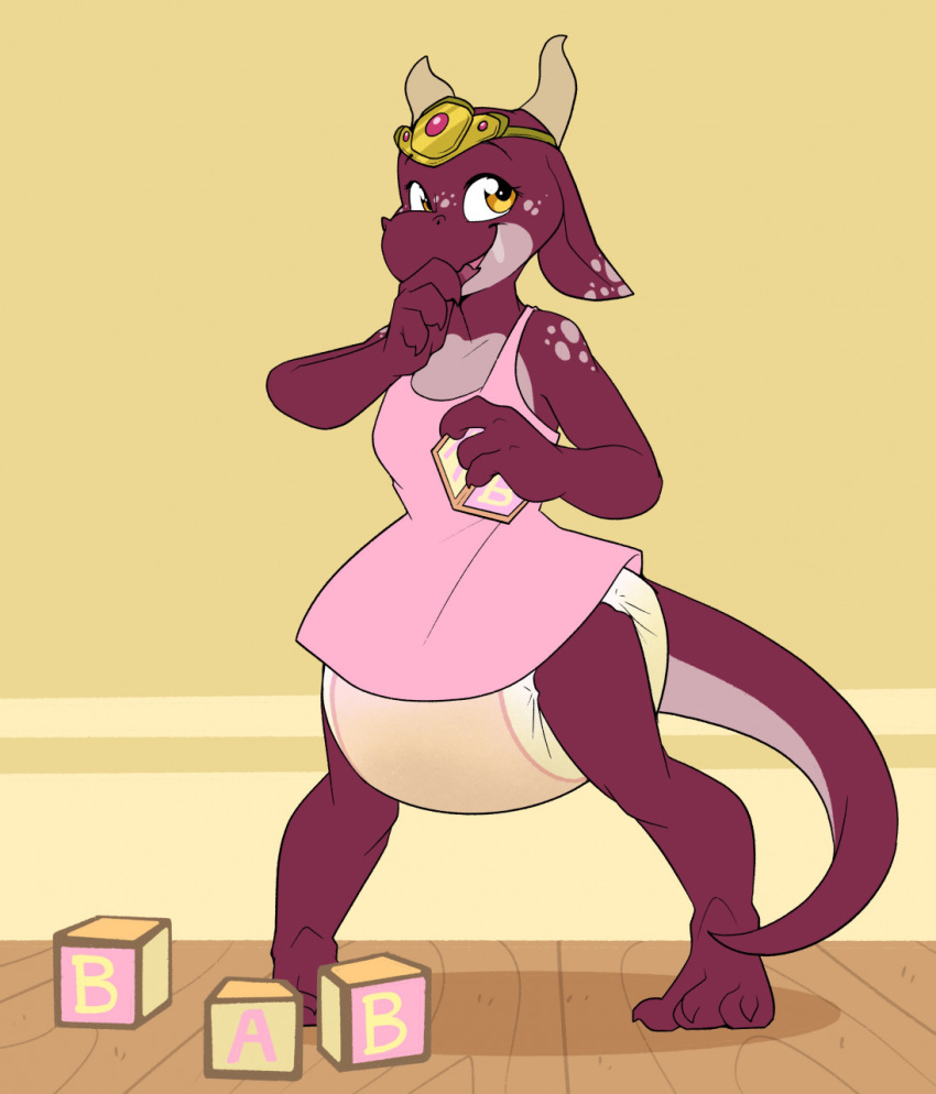 amber_(desertdwellerfeller) anthro bodily_fluids clothing cuddlehooves diaper dress female genital_fluids hi_res kobold padding peeing princess royalty scalie soggy_diaper solo urine wet wet_diaper wetting wetting_diaper white_diaper