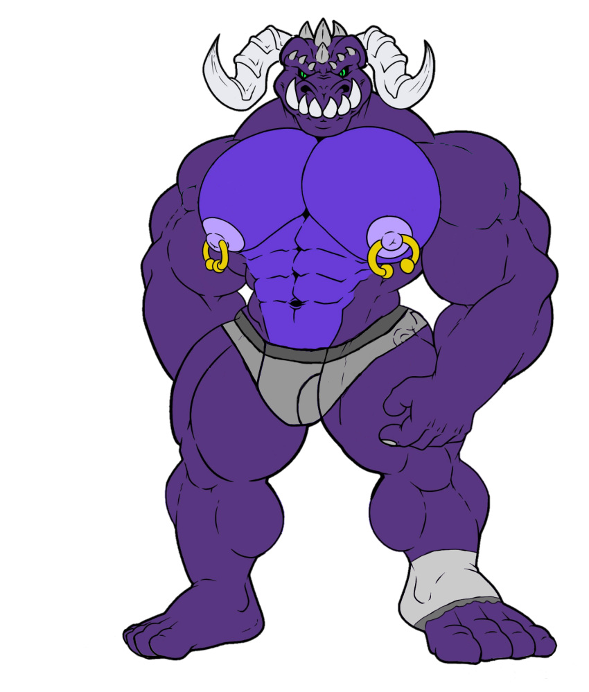 animal_humanoid anthro big_muscles clothing darius_leodragon footwear green_eyes grey_clothing grey_underwear hi_res huge_muscles humanoid male muscular muscular_male nipple_piercing nipple_ring nipples piercing purple_body reptile scalie scalie_humanoid socks solo torn_clothing torn_footwear torn_socks underwear