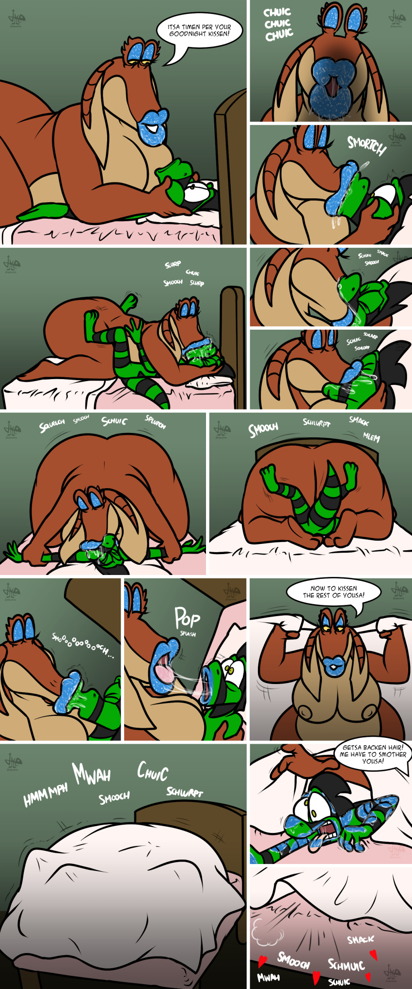 2021 absurd_res alien anthro areola bed bedding big_butt blanket bodily_fluids breasts butt cameron_(skunkdude13) comic dialogue drooling duo english_text eyes_closed first_person_view forced furniture glitter gungan half-closed_eyes hi_res jamearts kiss_mark kissed_silly kissing lizard lying male male/male moobs motion_lines narrowed_eyes nude obscured_sex on_back on_bed onomatopoeia overweight rape reptile saliva saliva_string scalie sex sound_effects speech_bubble star_wars text tongue tongue_out under_covers under_covers_sex