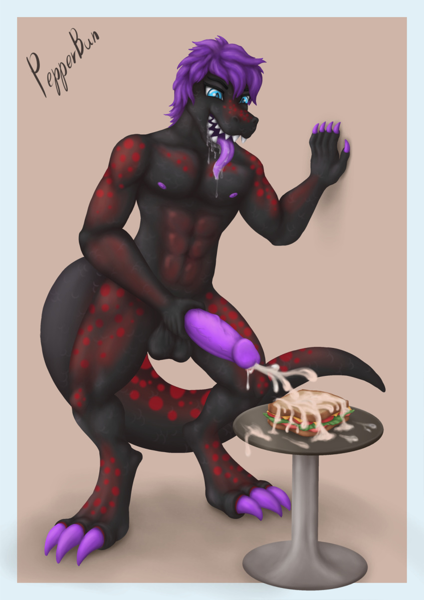 anthro black_body black_scales blue_eyes bodily_fluids border claws cum cum_on_food cumshot ejaculation food food_fetish food_play furniture genital_fluids genitals hair hi_res leaning_on_wall male masturbation multicolored_body nude penis pepperbun purple_hair purple_penis red_body red_scales reptile saliva saliva_string scales scalie simple_background solo table teeth white_border