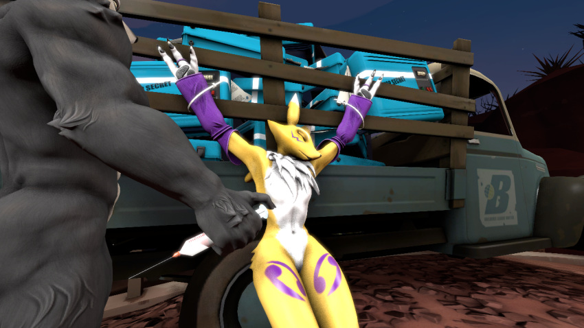 16:9 3d_(artwork) ambiguous_gender anthro arms_tied bandai_namco black_body bound canid canine canis digimon digimon_(species) digital_media_(artwork) duo female fox fur male mammal multicolored_body multicolored_fur octakochin renamon restrained sleeping source_filmmaker syringe two_tone_body two_tone_fur white_body white_fur widescreen wolf wolf_(petruz) yellow_body
