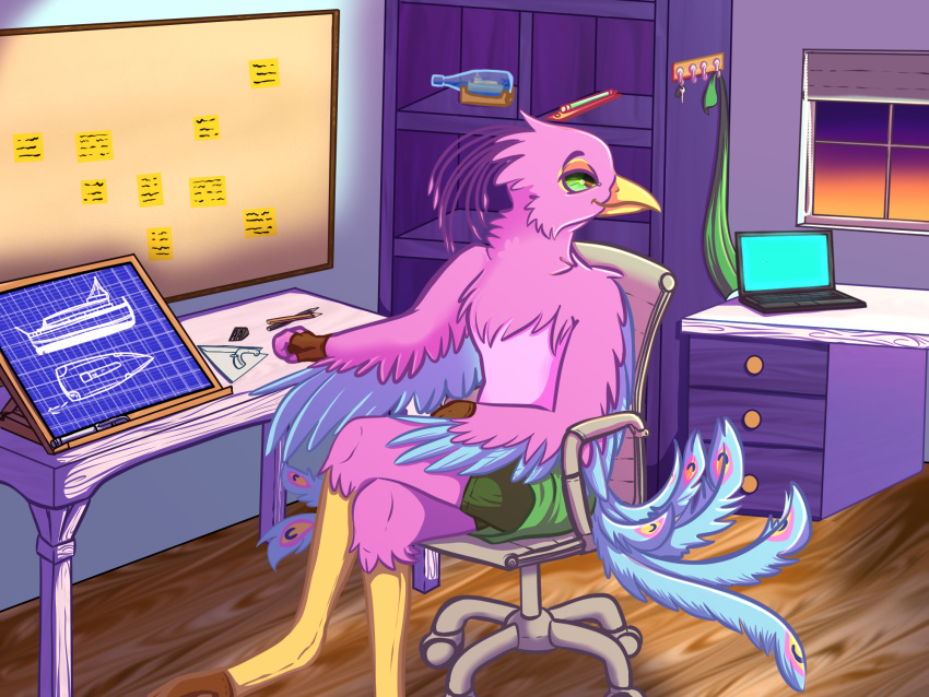 4:3 anthro avian banoodle beak biped bird bird_feet blue_body blueprint chair clothing computer desk feathered_crest feathered_wings feathers furniture galliform green_eyes gyro_feather head_crest hi_res laptop male peafowl pencil_(disambiguation) phasianid pink_body protractor scarf sitting solo sunset tail_feathers winged_arms wings
