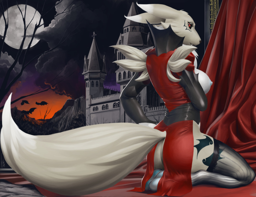 anthro bandai_namco castle clothed clothing detailed_background digimon digimon_(species) female jonas-pride kneeling legwear moon nipples partially_clothed red_eyes renamon solo stockings vampire