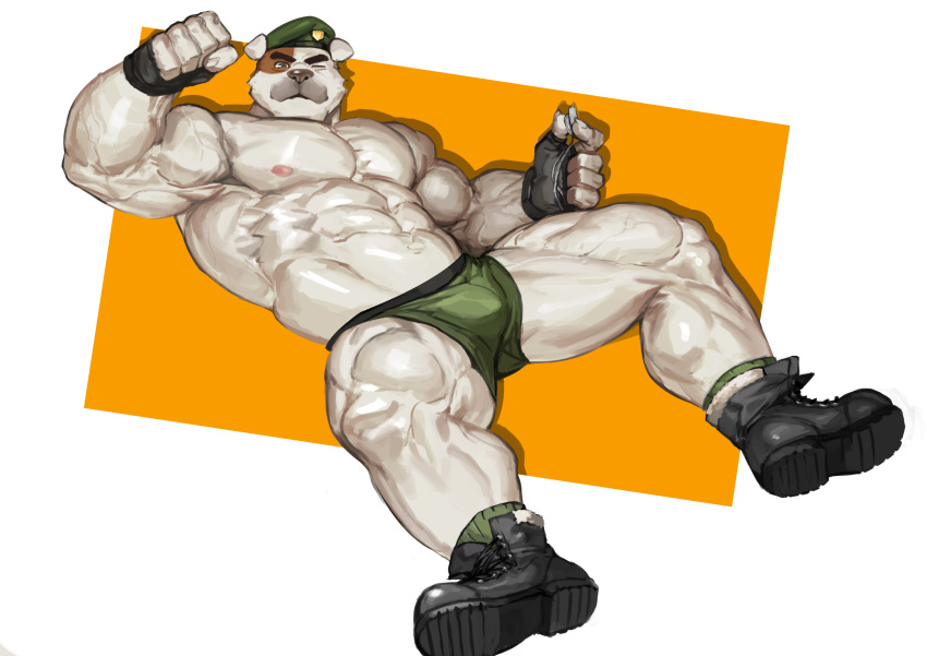 2021 5_fingers absurd_res anthro barazoku beret big_muscles black_nose boots bottomwear brown_body brown_fur bulge canid canine canis clothed clothing dog_tags domestic_dog eyebrows fingerless_gloves fingers flexing footwear fur gloves handwear hat headgear headwear hi_res huge_muscles humanoid_hands looking_at_viewer lying male mammal muscular muscular_anthro muscular_male nipples on_back one_eye_closed pink_nipples shorts socks soldier solo thick_eyebrows topless traver009 warrior white_body white_fur wink
