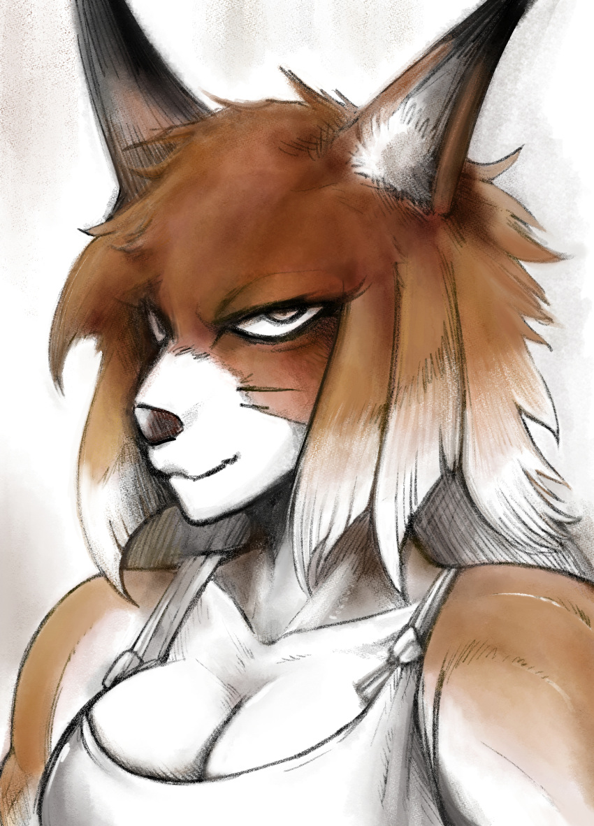 2021 anthro breasts canid canine cleavage clothed clothing collarbone dora_systeel feda:_the_emblem_of_justice female fox fur gouman hi_res looking_at_viewer mammal solo topwear white_body white_breasts white_fur